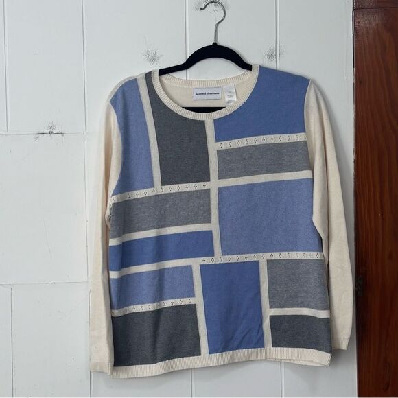 Alfred Dunner Cream Knit Blue Color block Sweater grandmacore large - Picture 1 of 4